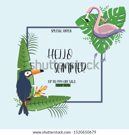 Tropical Hello Summer Poster Design with Space for Text, Tropical Leaves, Flowers, Toucan and Flamingo. Vector Illustration.