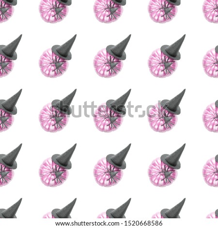 Abstract halloween seamless pattern for girls or boys. Creative template with pink pumpkins in a hat. Cool ghostly wallpaper for textile and fabric. Halloween fashion colorful vibrant picture