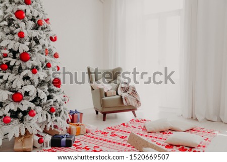 Christmas Interior white room greeting card new year tree gifts