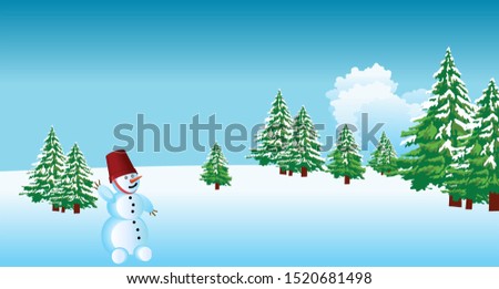 Winter landscape with fir trees and a snowman. Vector illustration.