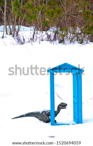 Velociraptor looks through the open snow-covered door at the photographer in the winter