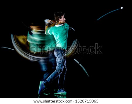 one caucasian young golfer man golfing golf swing isolated on black background with multiple exposure Royalty-Free Stock Photo #1520715065