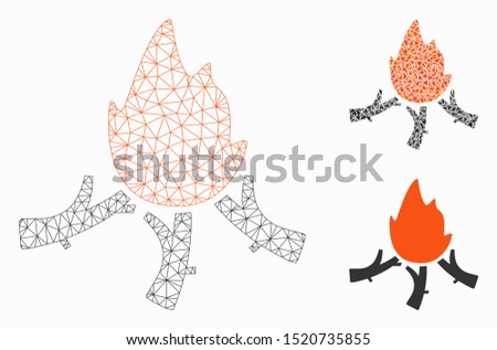 Mesh wood campfire model with triangle mosaic icon. Wire frame polygonal network of wood campfire. Vector mosaic of triangle parts in various sizes, and color tints. Abstract flat mesh wood campfire,