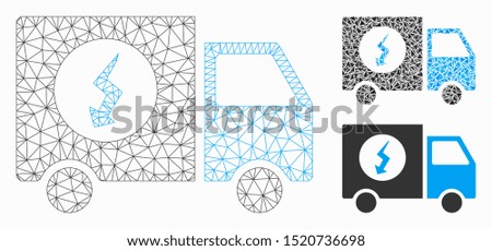 Mesh power supply van model with triangle mosaic icon. Wire frame triangular mesh of power supply van. Vector mosaic of triangles in different sizes, and color tints.