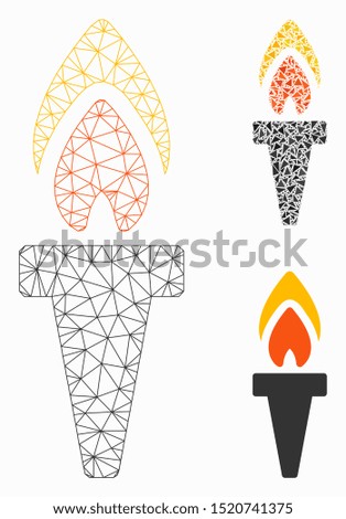 Mesh torch model with triangle mosaic icon. Wire carcass triangular network of torch. Vector composition of triangle elements in variable sizes, and color shades. Abstract 2d mesh torch,