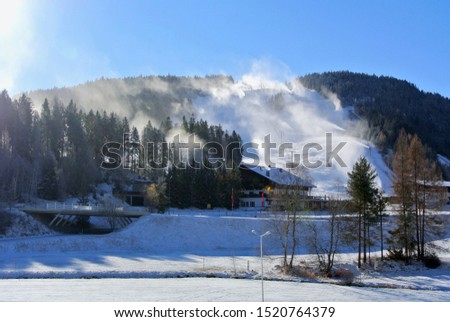 Trip in Seefeld, Austria. Picture of Ski slopes and the making of snow before race day.