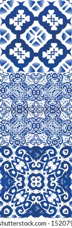 Antique azulejo tiles patchworks. Set of vector seamless patterns. Fashionable design. Blue spain and portuguese decor for bags, smartphone cases, T-shirts, linens or scrapbooking.