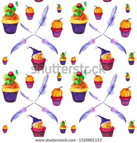Festive set for Halloween, cake with skull and cherry, cake with pumpkin and hat, feather.Watercolor illustration isolated on white background.Seamless pattern