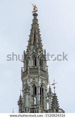 Roof of the tower of City halll with architectural details at the grand square in Brussels, Belgium.