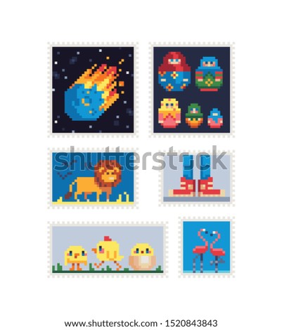 Vintage postmark template pixel art icon, meteorite, nesting doll, lion, boots, cute chickens, beautiful flamingos. Design for logo, sticker and mobile app. Isolated vector illustration.  