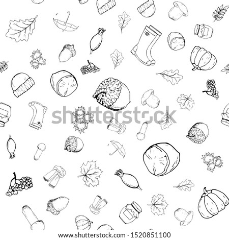 Vector seamless pattern with autumn objects. Linear monochrome hand-drawn illustration in cartoon style.