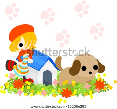 A blond girl putting on a red hat is with a pretty dog.