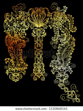 Golden Scorpio or Scorpion zodiac sign on black background. Collection of astrological symbols in baroque victorian style. Graphic illustration for Horoscope, Esoteric and Mystic design concept. 