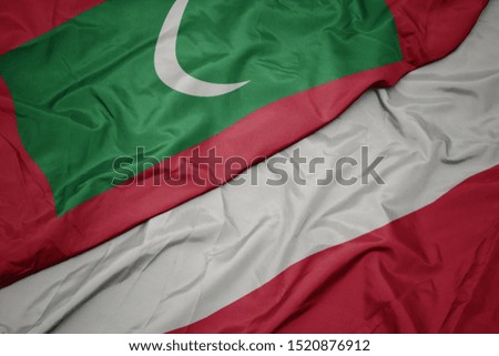 waving colorful flag of poland and national flag of maldives. macro