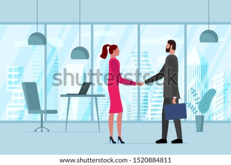 Business male and female shake hands in modern office with future city through window. Partnership businessmen came agreement and completed deal handshake. Teamwork trust solution vector illustration