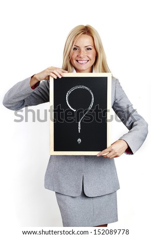 business woman take question sign in hands