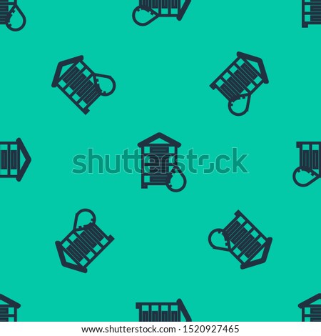 Blue line Hive for bees icon isolated seamless pattern on green background. Beehive symbol. Apiary and beekeeping. Sweet natural food.  Vector Illustration