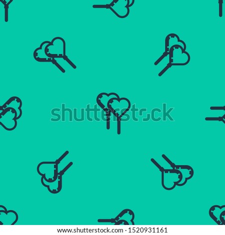 Blue line Balloons in form of heart with ribbon icon isolated seamless pattern on green background.  Vector Illustration