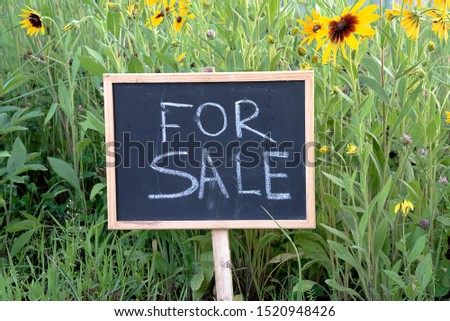Signboard with text "For sale" in the meadow 