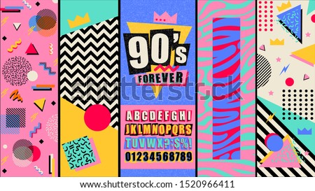 90s and 80s poster. Nineties forever. Retro style textures and alphabet mix. Aesthetic fashion background and eighties graphic. Pop and rock music party event template. Vintage vector poster, banner. Royalty-Free Stock Photo #1520966411