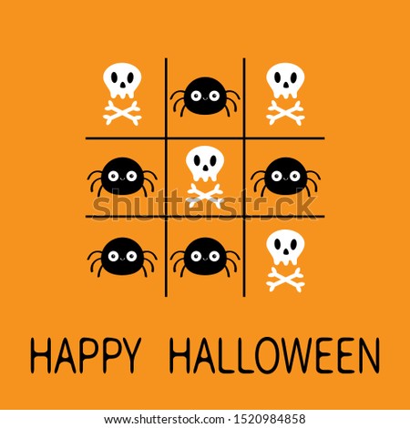 Happy Halloween. Tic tac toe game with spider and skull bones. Cute cartoon kawaii funny character set. Greeting card. Flat design. Orange background. Isolated. Vector illustration
