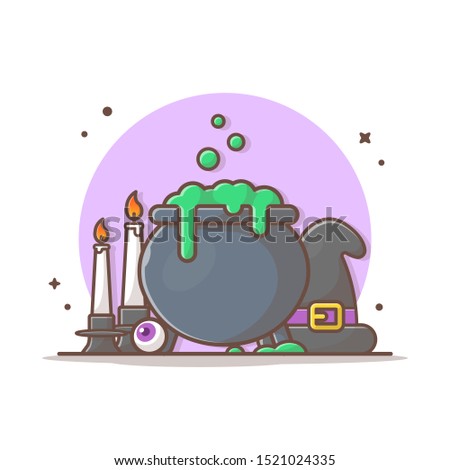 Cauldron Halloween Vector Icon Illustration. Cauldron And Witch Hat, Candles, Halloween Icon Concept White Isolated. Flat Cartoon Style Suitable for Web Landing Page, Banner, Sticker, Background
