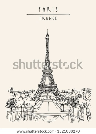 Paris, France, Europe. Eiffel Tower. French famous landmark. Hand drawing. European travel sketch. Vertical vintage hand drawn touristic postcard, poster, brochure illustration. Isolated EPS10 vector 