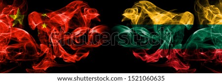 China vs Lithuania, Lithuanian smoke flags placed side by side. Thick colored silky smoke flags of Chinese and Lithuania, Lithuanian
