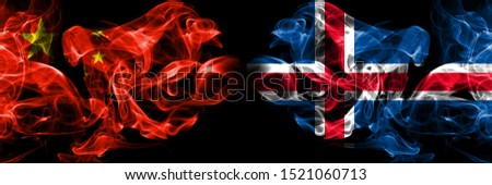 China vs Iceland, Icelandic smoke flags placed side by side. Thick colored silky smoke flags of Chinese and Iceland, Icelandic
