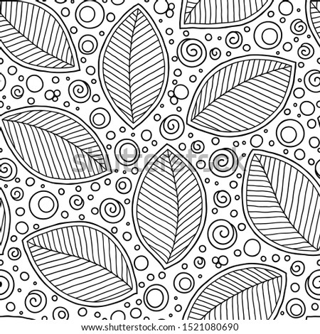 Seamless doodle  leaves pattern for coloring book. Ethnic, floral, retro, vector, tribal design element. Black and white background.