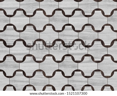 Wooden wall. Old white and brown parquet floor with geometric pattern. 