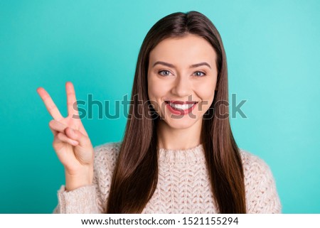 Close up photo of candid pretty charming woman make v-signs have free time wear woolen knitted pullover isolated over teal turquoise color background