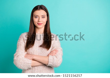 Copyspace photo of charming cute lovely dreamy girlfriend standing with hands folded wearing jumper isolated over turquoise vivid color background