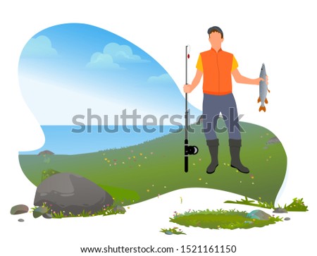 Man standing with rod and fish called luce or pike. Person fishing on lake or river. Male on vacation do his favorite hobby. Human in boots stand on green grass. Vector illustration in flat style
