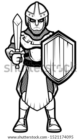 Cartoon illustration depicting medieval soldier on white.