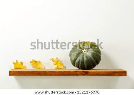 Wooden shelf on the wall with autumn attributes. Free space for your product