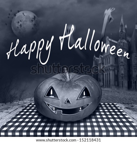 Halloween background with haunted castle, bats, ghosts, full moon 
