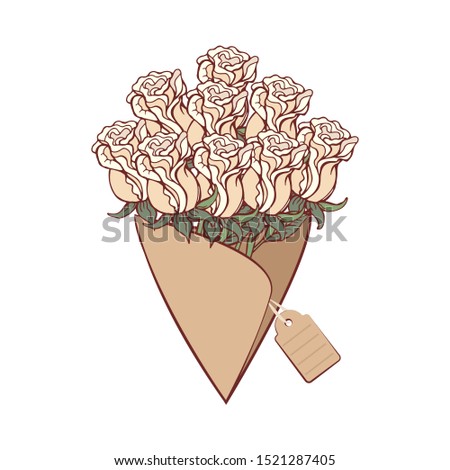 Bouquet white roses on white background.White roses.Bouquet with a card.Cartoon vector illustration.EPS10