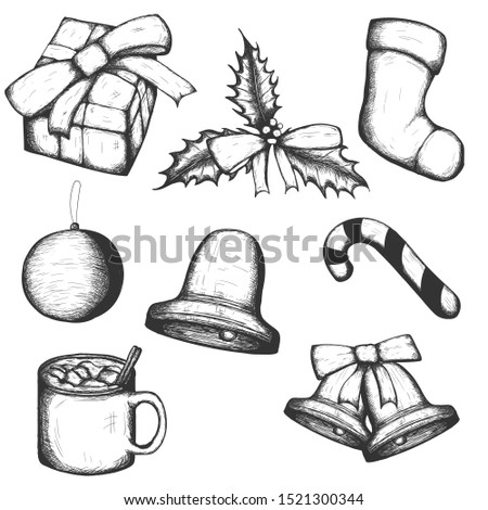 Christmas decorations and elements hand drawn vector set, isolated vintage design elements.