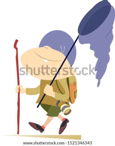 Hiking boy, rucksack, walking stick and butterfly net illustration. Hiking cheerful boy with rucksack and walking stick goes on travel isolated on white illustration
