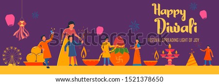 illustration of Indian people celebrating on Happy Diwali Hindu Holiday background for light festival of India Royalty-Free Stock Photo #1521378650