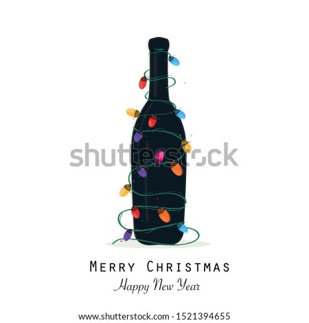 Christmas black champagne bottle with colorful light bulb vector greeting card
