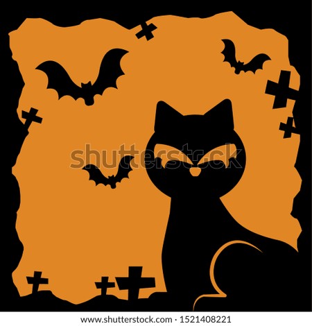 halloween cat with bats flying vector illustration design
