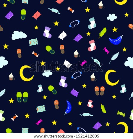 seamless pattern for pajama party. Vector colorful elements for good sleep on black background. 