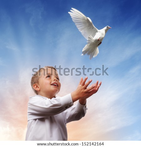 Boy releasing a white dove into the air concept for freedom, peace and spirituality Royalty-Free Stock Photo #152142164