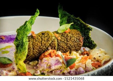 closeup exclusive decorated steamed cabbage rolls with rice and meat