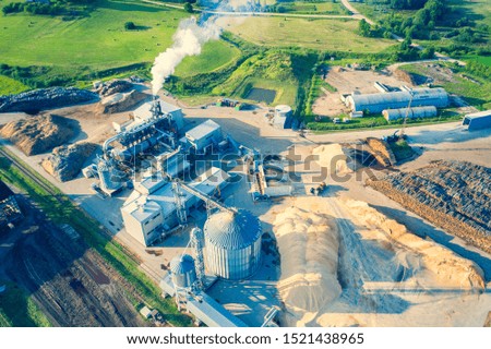 Aerial view from drone on woodworking factory 