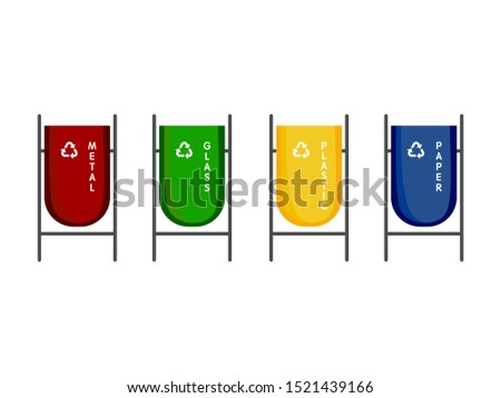 Garbage containers, bin, waste management, urn, cans for metal glass plastic paper. Separate waste collection. Logo icon vector set isolated on white background