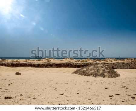 Summer background of warm sand on beach with landscape of sea and blue sunny sky. Free space for your decoration. 