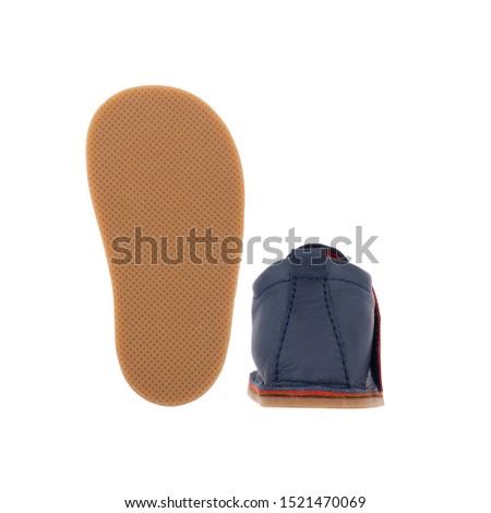 blue leather  baby shoes and sole  isolated on perfect white background, stock photography